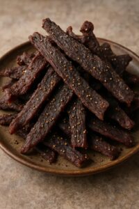 A close-up image of dark, reddish-brown peppered beef jerky strips piled on a rustic brown ceramic plate. The jerky is speckled with visible cracked black pepper and seasoning, emphasizing its dry, textured surface. The background is a soft, neutral-toned surface that contrasts with the jerky’s bold appearance.