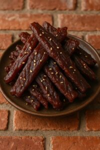 Glossy teriyaki beef jerky strips garnished with sesame seeds, served on a ceramic plate against a brick wall background.