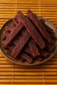 Strips of classic beef jerky stacked on a ceramic plate, set atop a woven bamboo mat.